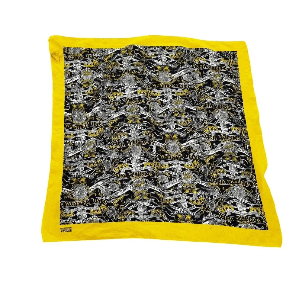 Gianfranco Ferre Scarf Womens O/S Black Yellow Square Satin Workers Union Print